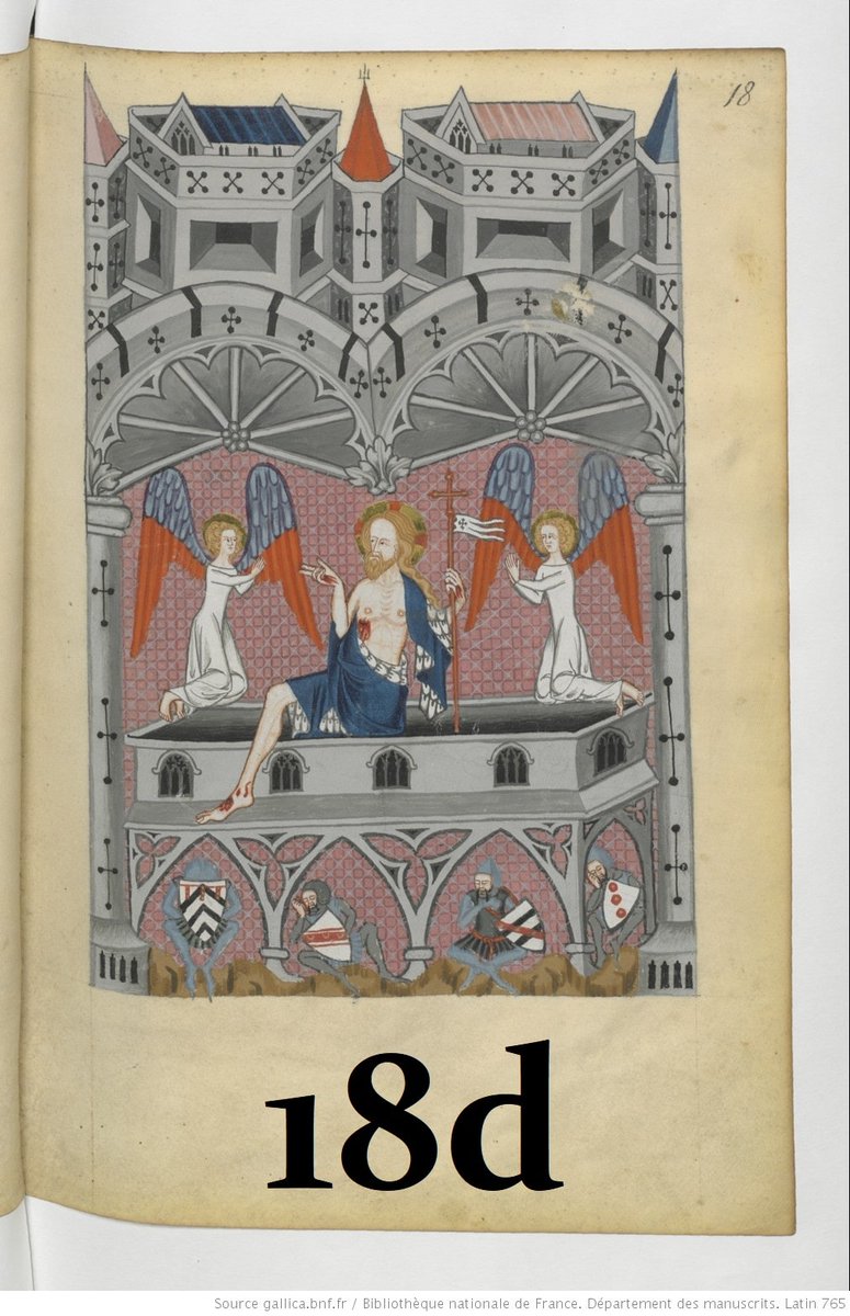 18. Aux 13e & 14e s., les gardes, svt de petite taille, sont allongés ou accroupis devant le sépulcre, au 1er plan [b&c]. Parfois aussi, ils sont "comprimés" 𝘴𝘰𝘶𝘴 le sarc., enclavés ds une structure gothique [a&d]. Ils sont figurés endormis : la R. a lieu durant leur sommeil.