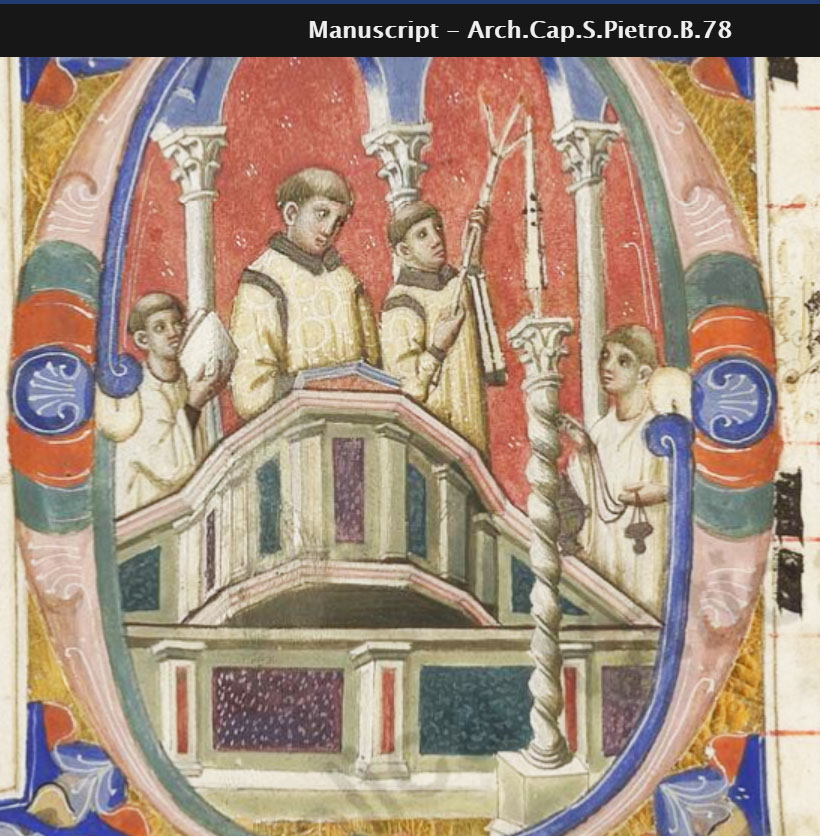 3/: An early 14th century Gradual from St Peter's (now  @bibliovaticana), linked with Cardinal Giacomo Gaetani Stefaneschi, has the rite for blessing the  #Easter   candle. Its illustrations show the spiraling candlestick common in 13th century Roman churches.  #manuscripts  #liturgy