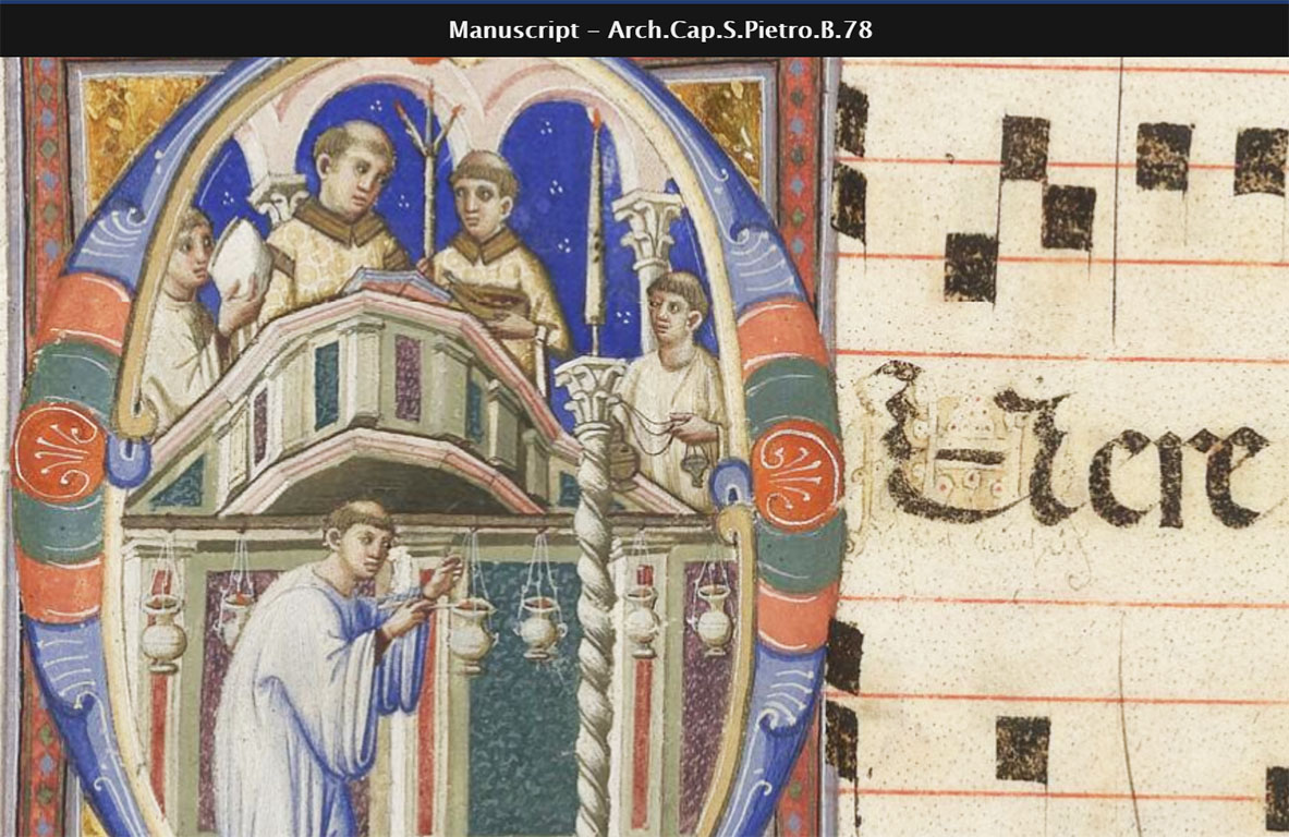 3/: An early 14th century Gradual from St Peter's (now  @bibliovaticana), linked with Cardinal Giacomo Gaetani Stefaneschi, has the rite for blessing the  #Easter   candle. Its illustrations show the spiraling candlestick common in 13th century Roman churches.  #manuscripts  #liturgy