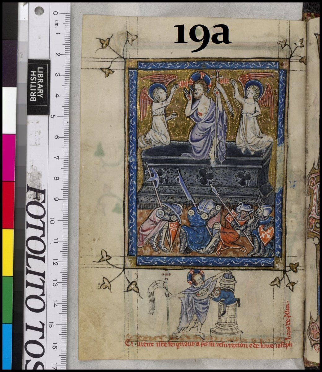 19. On s'avisa bientôt qu'il fallait réfuter les Juifs qui prétendaient que les disciples avaient enlevé le corps du tombeau (Mt 28:11-15) : on représenta alors 1 ou plusieurs gardes éveillés [a&b]. Au 15e s., ils montrent svt de la crainte ou de la stupeur face au miracle [c&d].