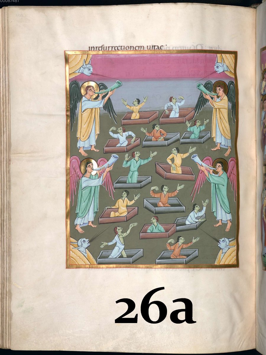 26. L'icon. de la R. des morts au Jugement Dernier a pu aussi influer sur ce type de représentation [a]. Ainsi, ds un Ps. anglais du 14e s., R. du Christ & R. universelle sont figurées semblablement sur le même folio, car la première est le prototype & le gage de la seconde [b].