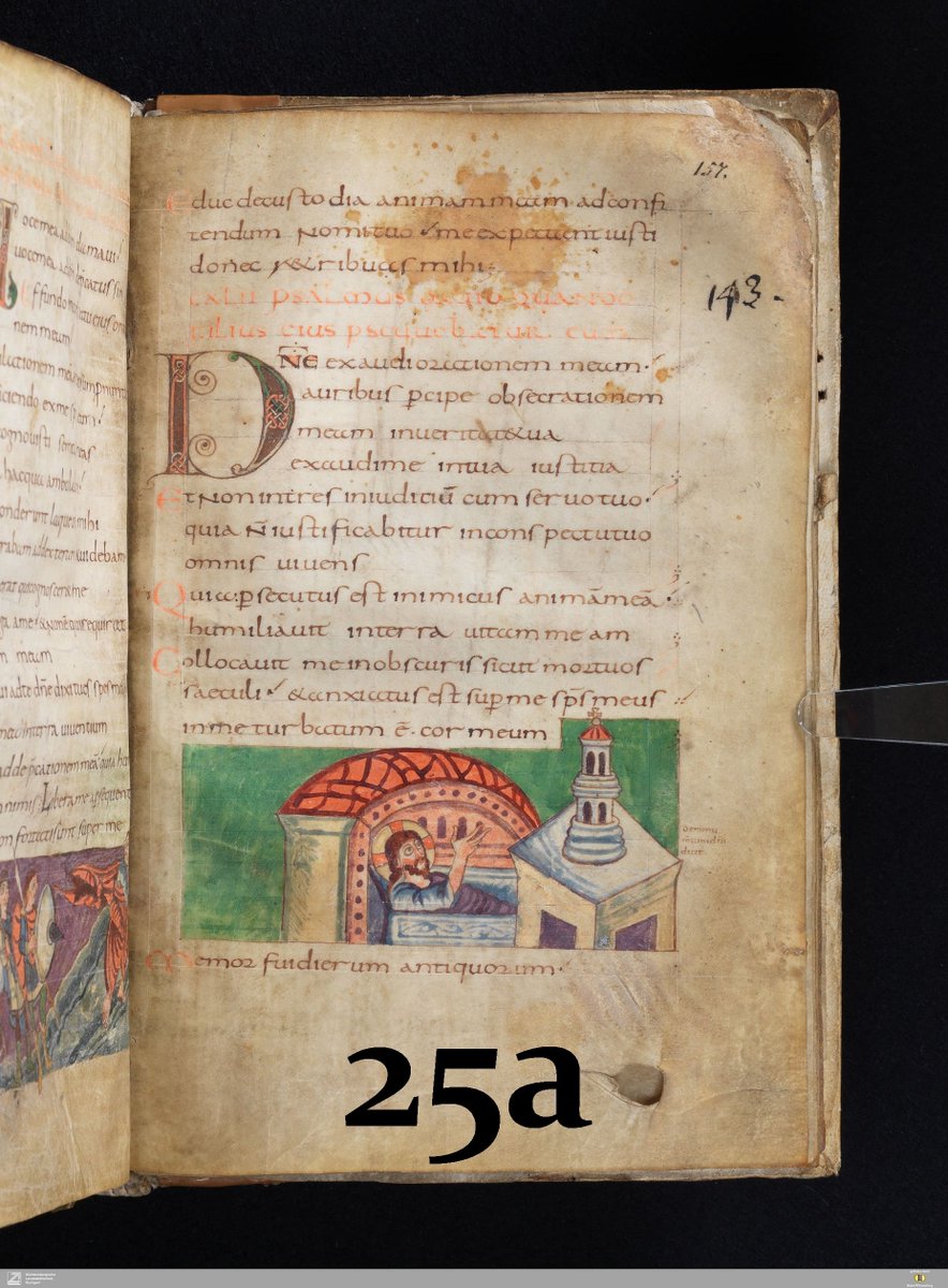 25. Un Psautier du 9e s. figurant le R. couché ds son sépulcre semble déjà s'inspirer de modèles byzantins [a]. Si on trouve d'autres ex. de ce motif au 12e s. et même plus tard, sur un chapiteau de Toulouse [11b] & ds quelques miniatures [11c, b&c], il n'aura guère de postérité.