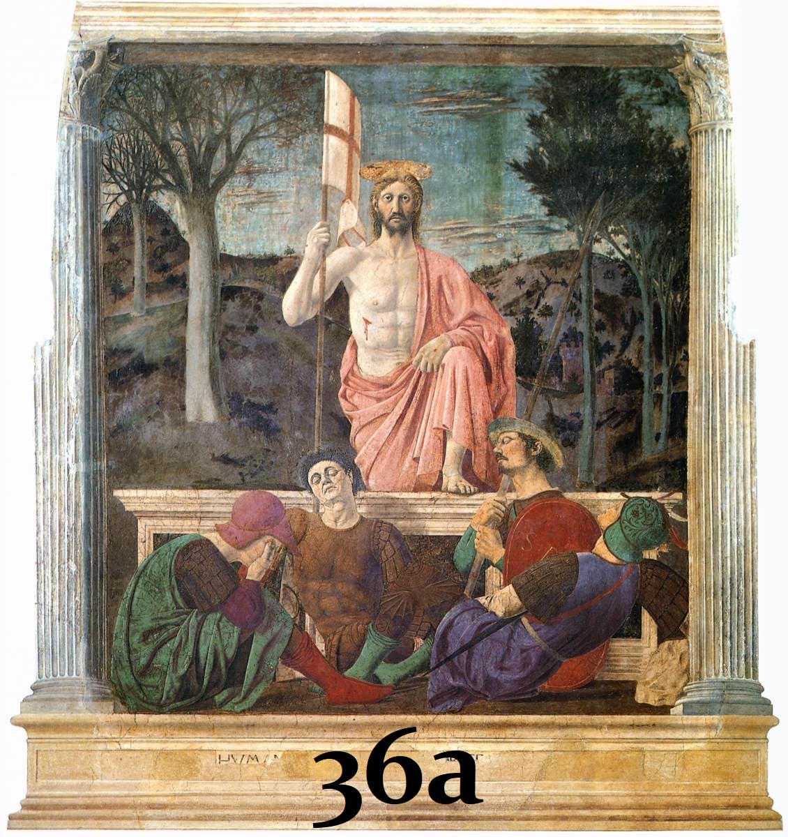 36. L'interprétation d'un P. della Francesca, plus sobre, ne manque pas de profondeur [a]. Le R., au centre, départage le paysage en arrière-plan : hivernal à gauche, printanier à droite ; il est le pivot qui conduit de la mort à la vie. Ce type se fait plus rare après 1500 [b].