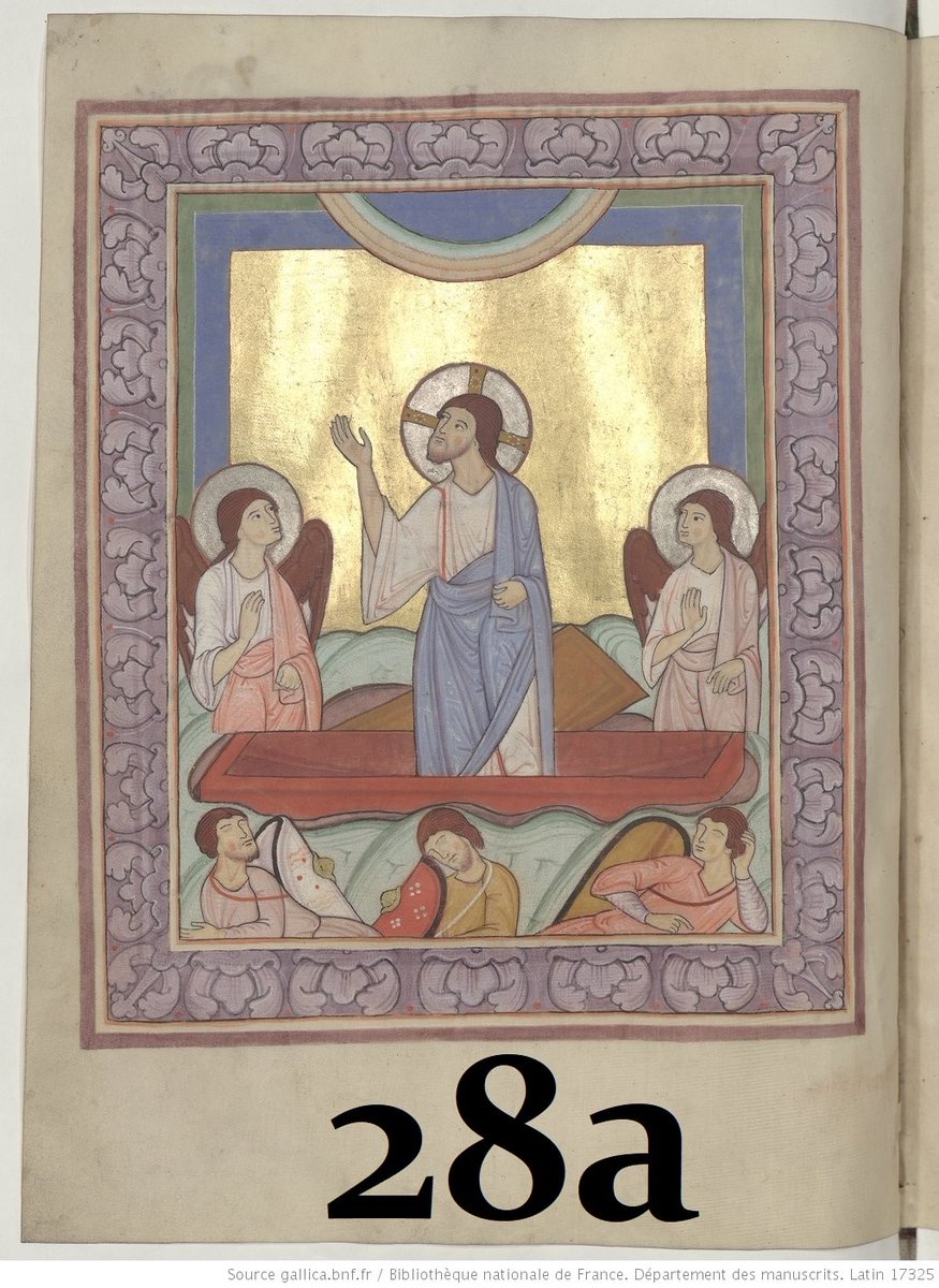 28. Une variante se développe au 12e s, où le R., toujours debout ds le sarc., semble entièrement tendu vers le haut : il a les mains comme le regard orientés vers le ciel, où il aspire à rejoindre son Père. L'influence du type icon. ancien de l'Ascension est ici évidente [10a].