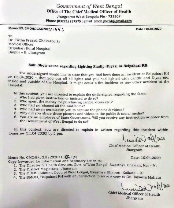 The CMO of Jhargram,#Bengal has issued Show Cause notice to a Medical Officer for lighting the hospital premises while responding to PM Modi's #9pm9minute on 5th April.#IndiaFightsCorona,@TDasKumar,@TheUntamedFire,@Akshaysinghel,@deyr74,@abch1974,@hemirdesai,@gmjecks