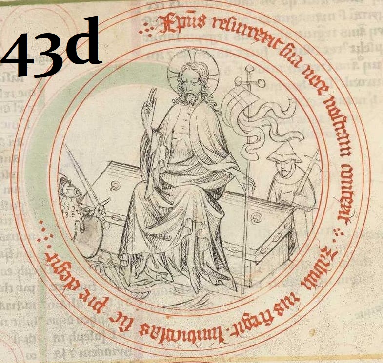 43. On le trouve en France au 14e s. ds une version moins hiératique : le R. y est figuré quasiment de profil & son regard se perd de biais [a&b]. En Bavière, v. 1400, il est assis sur le tombeau fermé. Cette variante s'est alors émancipée du type du R. enjambant le sarc. [c&d].