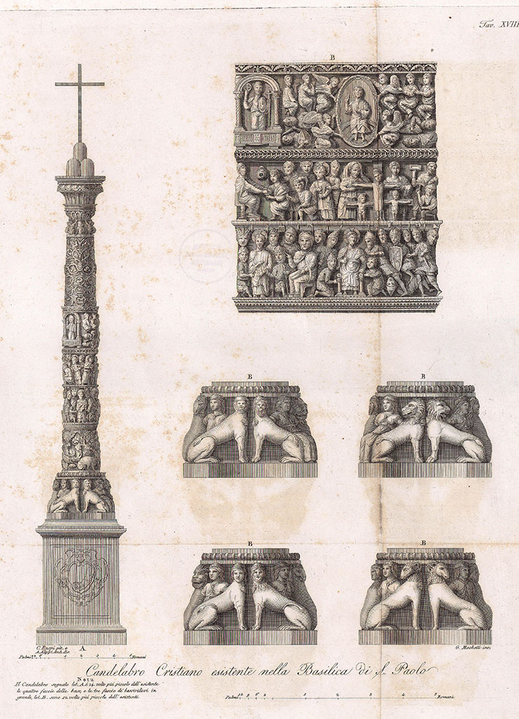 8/: In  #Rome, San Paolo fuori le Mura has an impressive figured candlestick, done c1190, with a carved base, elaborate inscription, and six events from Jesus' Passion to his Ascension in three rows. These are engravings from Nicola Maria Nicolai's study of 1815.  #MedievalArt