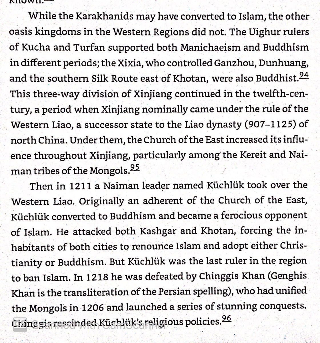 Western Liao Dynasty was strongly anti-Islamic & tried to force Kashgar & Hotan to renounce Islam in early 13th century. Genghis Khan destroyed them & stopped the religious persecution.