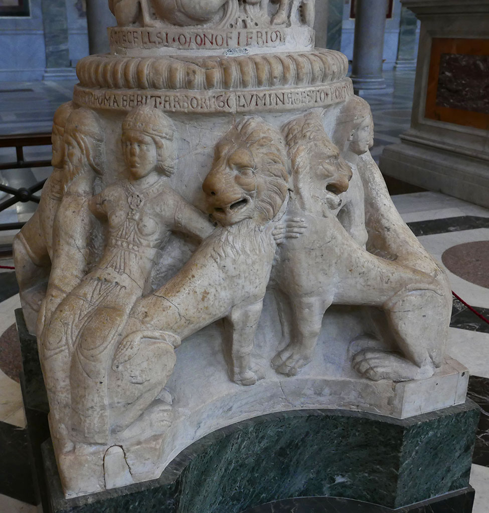 10/: The decorative figures supporting the candlestick include sphinxes which also appear in the Lateran cloister (more closely tied to ancient models) and in other works by Roman marble carvers like this one in Viterbo signed by the Dominican friar Paschal, a Roman.  #sculpture