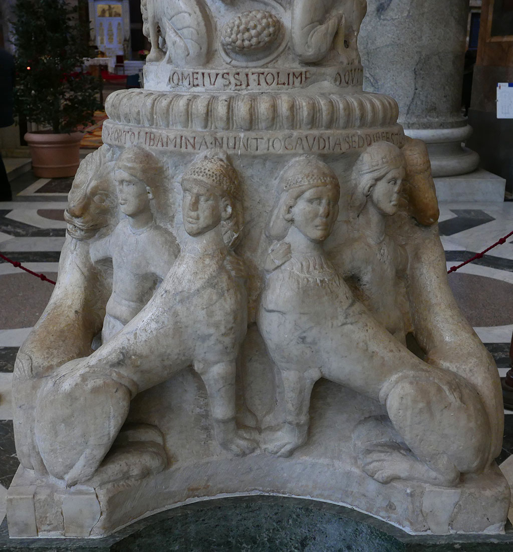 10/: The decorative figures supporting the candlestick include sphinxes which also appear in the Lateran cloister (more closely tied to ancient models) and in other works by Roman marble carvers like this one in Viterbo signed by the Dominican friar Paschal, a Roman.  #sculpture