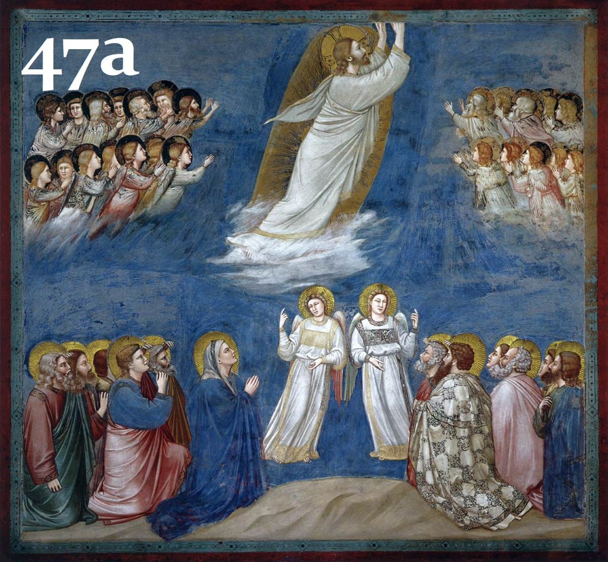 47. On note effectivement bien des similitudes avec l'Ascension de Padoue de Giotto [a]. On remarquera en particulier le motif de la nuée sur laquelle le Christ s'élève (Ac 1:9), que l'on retrouve dans certaines représentations où le R. flotte juste au-dessus du sépulcre [b,c&d].