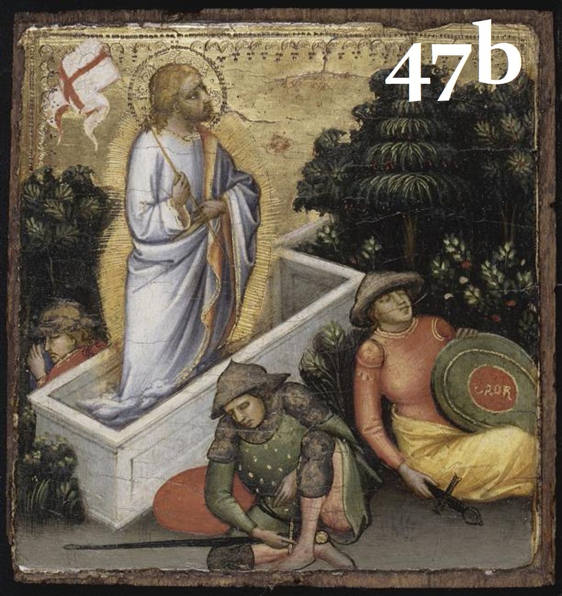 47. On note effectivement bien des similitudes avec l'Ascension de Padoue de Giotto [a]. On remarquera en particulier le motif de la nuée sur laquelle le Christ s'élève (Ac 1:9), que l'on retrouve dans certaines représentations où le R. flotte juste au-dessus du sépulcre [b,c&d].