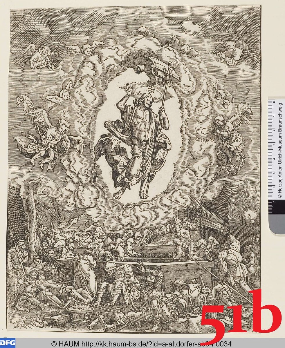 51. Ds une gravure de Dürer, le R. flotte juste au-dessus du tombeau scellé, enveloppé d'une grande nuée lumineuse [a]. Altdorfer, reprend le motif de la nuée lumineuse, mais avec le tombeau ouvert [b]. La gravure de Dürer, très largement diffusée, aura une riche postérité [c&d].