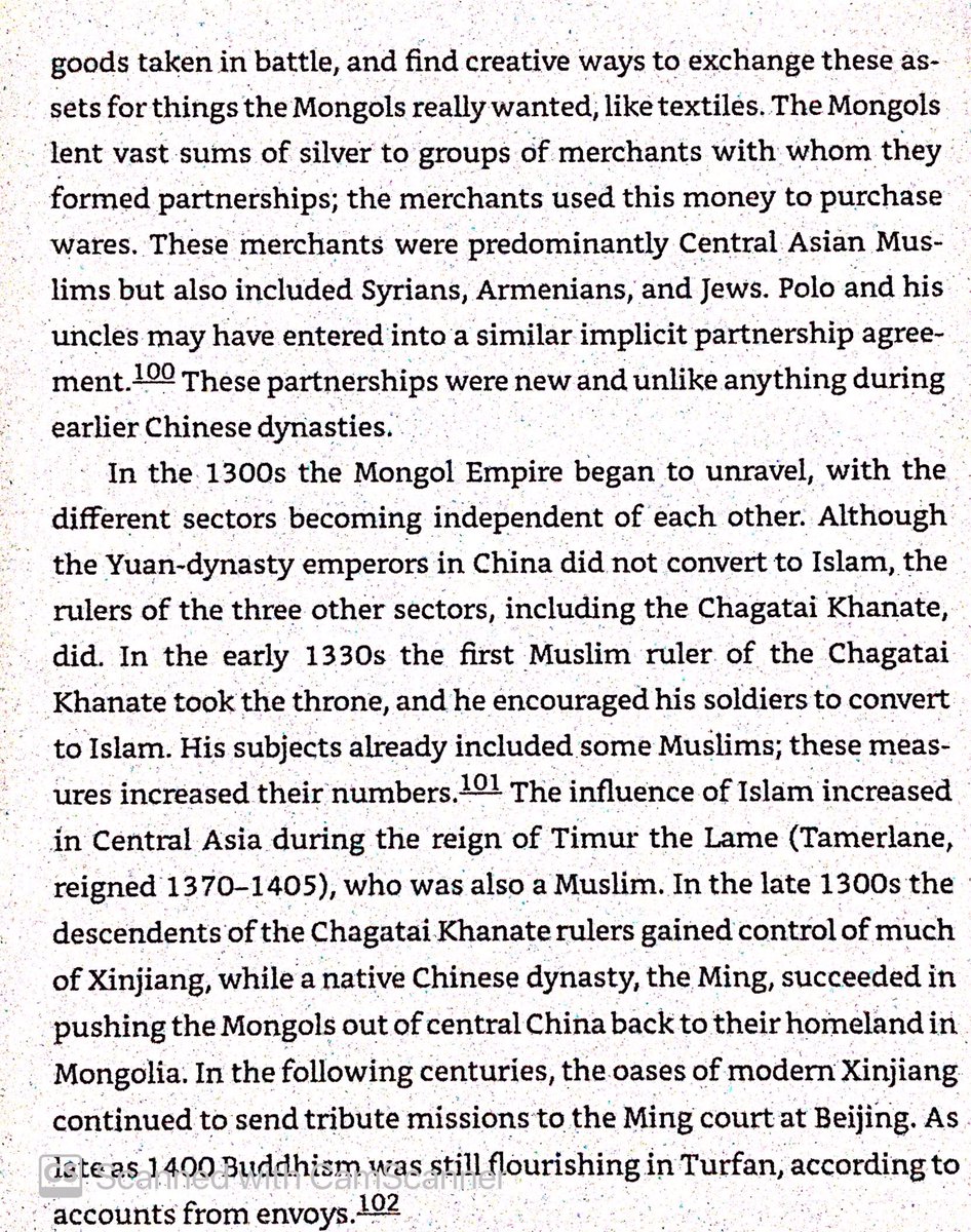 Mongols mostly used Central Asian Moslems as merchants & bankers, but Syrians, Armenians, & (Buharan?) Jews as well. Chagatai Khanate & Timur the Lame promoted Islam in 14th century in Xinjiang.