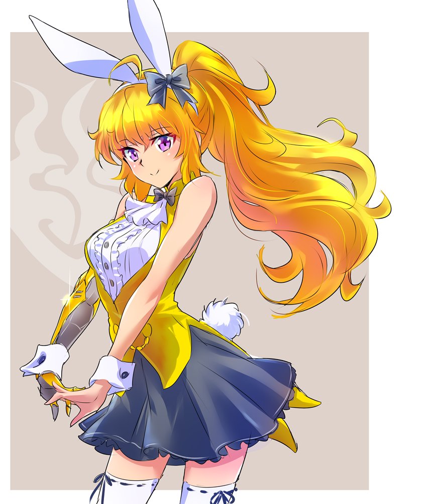 "Happy Easter everyone." Yang would smile while wearing a bunny ear headband and a clip on bunny tale