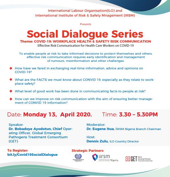 The Health Care Workers (HCWs) serve as the back bone of our country’s defences to limit or contain the spread of COVID-19. 
.
Join the conversation via Zoom : lnkd.in/dNbtZT5
🗓:Monday,13th April 2020.
⏰:3:30-5:30pm
#COVID19 #GETAfrica
