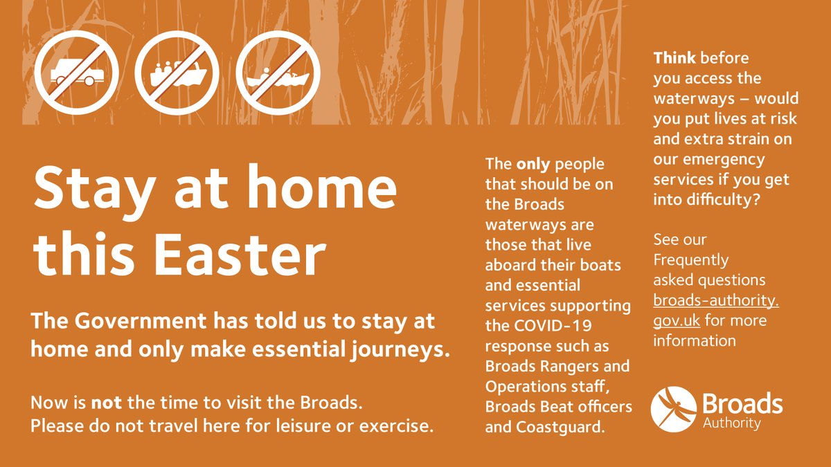 BroadsAuth's tweet photo. Please spend #EasterAtHome today and do not visit the Broads.

The message could not be clearer: no gatherings, no BBQs and no cruising down the river ❌

Broads Rangers and police will be monitoring the waterways and fines will be issued by Police if appropriate #StayHome https://t.co/xqUq5gydZN