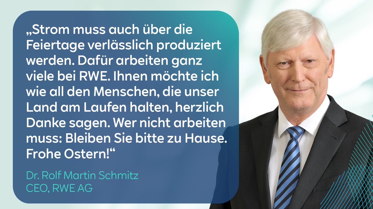 RWE_AG's tweet photo. Corona hält uns über das #Osterfest weiter in Atem. Auch wenn das Wetter schön ist, bleiben Sie bitte zu Hause und helfen Sie, die Ausbreitung von #COVIDー19 einzudämmen. Wir sorgen weiter dafür, dass Sie mit Strom versorgt werden. Frohe Ostern! #FlattenTheCurve https://t.co/uCVaSfo8K3