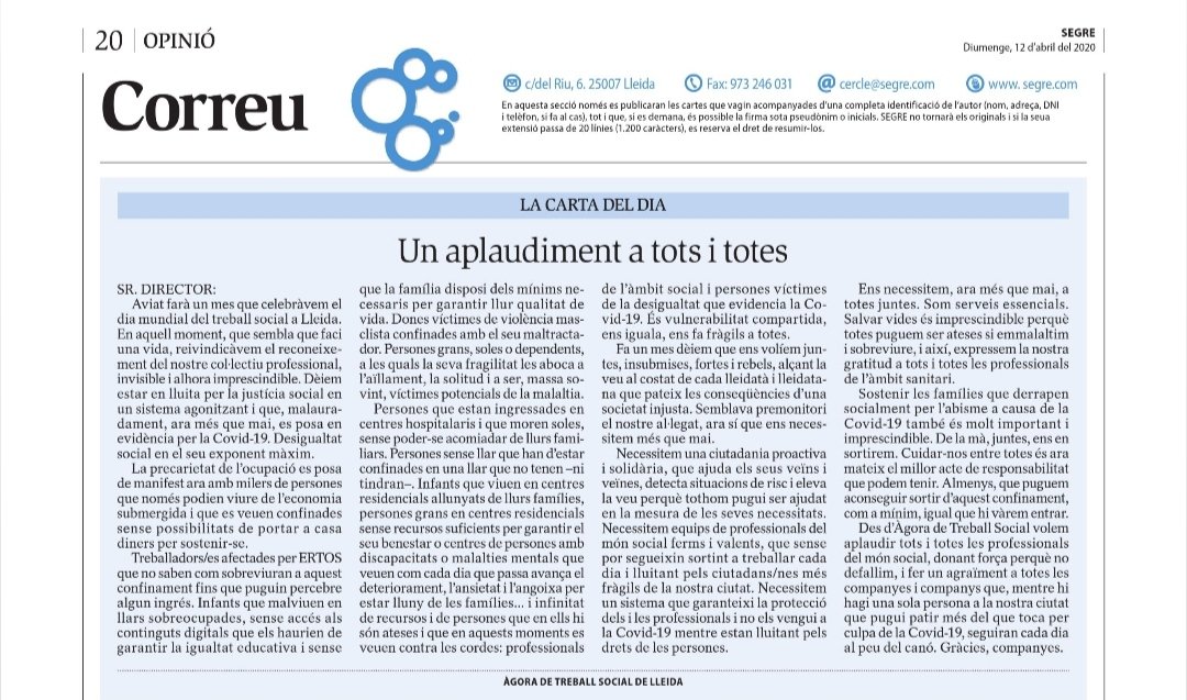 ❤️💜💪💪💪👋👋👋 olé pels treballadors i treballadores socials i altres professionals del món social. Juntes serem més fortes. Ara més que mai rebels i insubmises al costat de la ciutadania