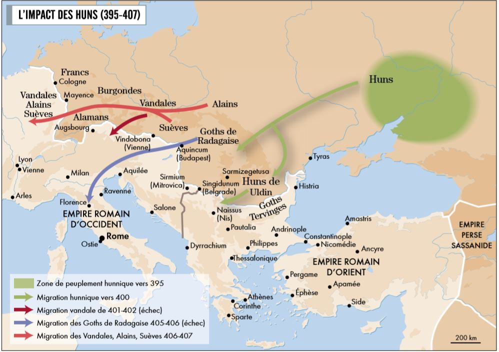 En effet, les “barbares”, des peuples germaniques venus principalement du nord/nord-est, s’installent continuellement dans l’Empire, souvent réticents à les accueillir, et sont plusieurs fois utilisés comme guerriers par les empereurs en échange de leur installation. (20)