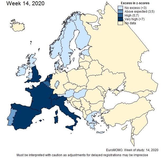 Senaste officiella data från European Morbidity Monitor har kommit. Fortsatt ingen förhöjd dödlighet i Sverige. Länder med förhöjd dödlighet: Spanien, Portugal, Italien, Belgien, Nederländerna, Storbritannien, Frankrike. (OBS, gult = ingen tillgänglig data.)