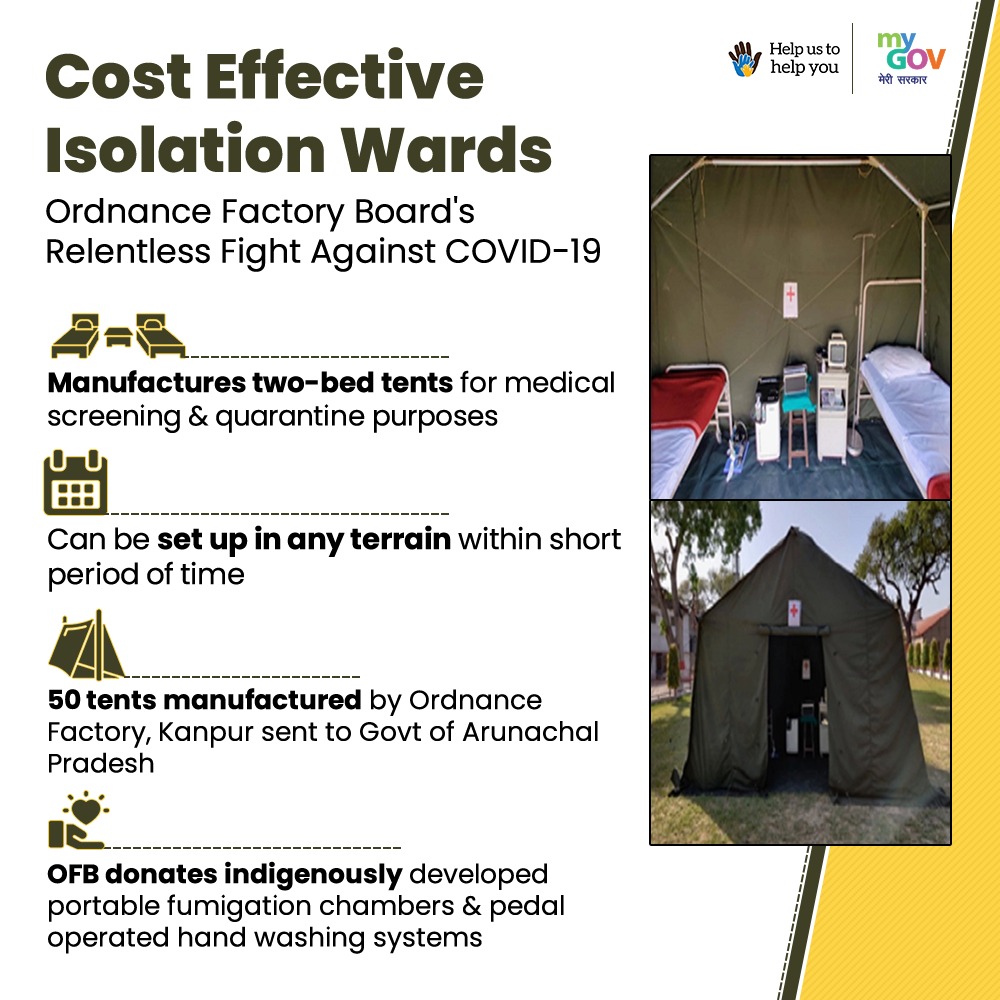 mygovindia's tweet photo. Ordnance Factory Board is manufacturing cost-effective Isolation wards for Medical Screening and Quarantine purposes. #IndiaFightsCorona https://t.co/nkmSQc9m9I https://t.co/MJNrh8cJR8