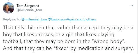 As someone supported by Mermaids for years, I've never seen anyone 'told' that they are "in the wrong body". I've never seen a child told that they may be trans for liking dresses or playing football. The criticism itself is grounded in not only transphobia but sexism. 1/