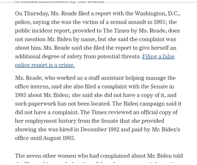 1. Filed police report Thursday, no named perpetrator. 2. Report Filed to give her extra safety from threats. (This sounds stupid.)3. Says she filed a complain with the Senate. They have no record and she doesn& #39;t have a copy.4. There are no other women accusing him of assault.