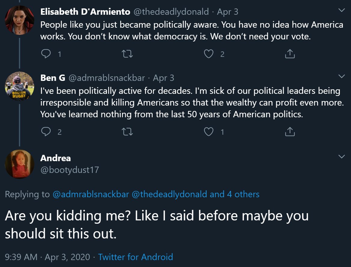 A two parter. First, they always suggest we are politically stupid yet offer no reason why.Second, just a pet peeve of mine, either @ the person you are talking abt if not the owner of the tweet you respond to or put the tweet in the right friggin place. Thank you :)