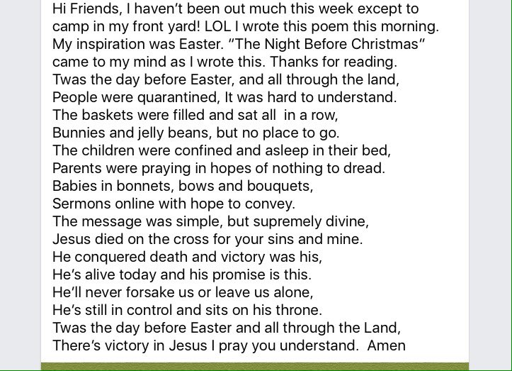 cakemaker1962's tweet photo. #HappyEaster #poems #poemsoftwitter #SocialDistancing #Easter2020 #HeIsRisen #victoryinjesus #writersoftwitter #SocialDistancing #poetry #poetrycommunity @InTouchMin @cakemaker1962 #sunday #devotions #PrayersForCoronaFreeWorld #prayers #thecross #Godspromises #Hesalive #Prayers https://t.co/WjphUPMLgs