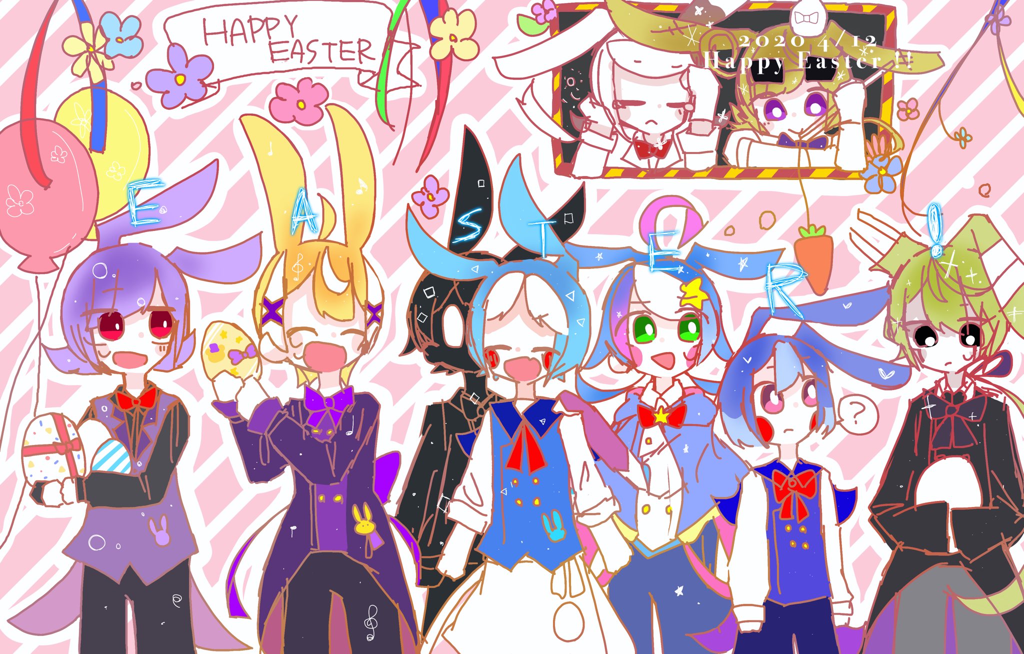 Night Sirousagi ログアウト 前描いたすごい雑なイースターイラストです Fnaf擬人化 左から ボニー スプボニ シャドボン トイボン ロクボン ボンボン スプトラ 上にいるのがヴァ二ーとグリッチトラップです T Co Hiif7fugy2