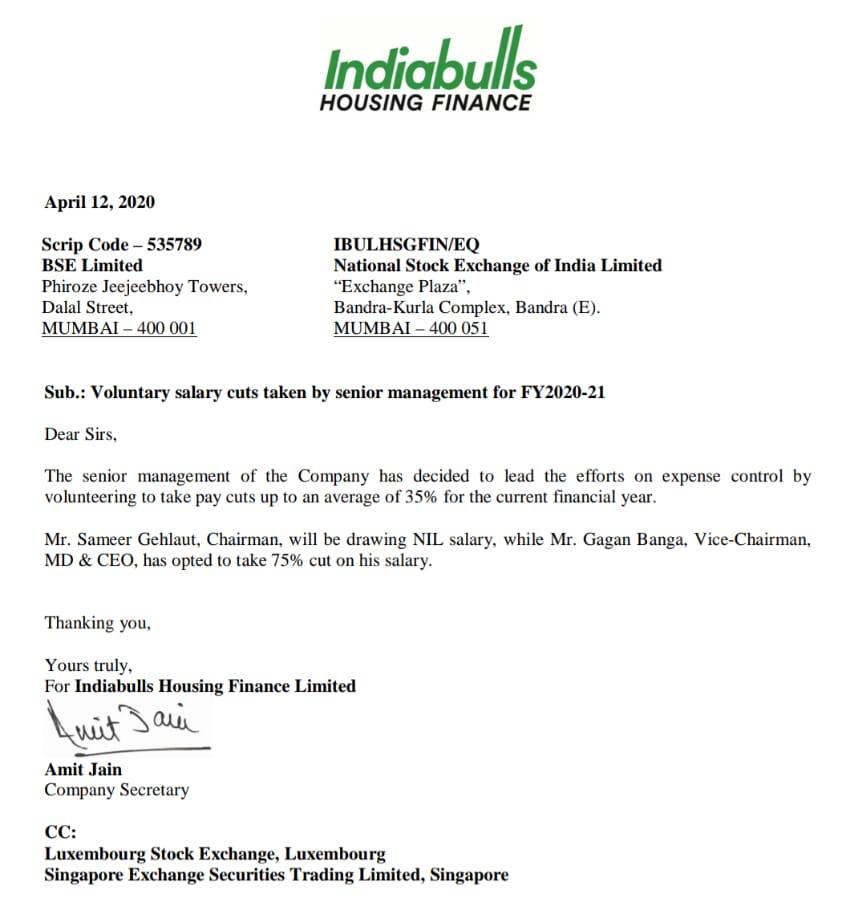 sammaan_capital's tweet photo. Senior management of Indiabulls Housing Finance to take voluntary pay cuts up to an avg of 35% for current FY. 
Sameer Gehlaut, Chairman, will be drawing NIL salary &amp; Gagan Banga VC, MD &amp; CEO has opted to take 75% cut on his salary.
#IndiabullsHousing https://t.co/cnDefCjHWM