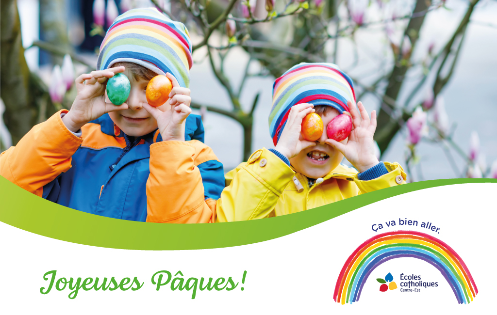 Le Conseil des écoles catholiques du Centre-Est vous souhaite de joyeuses Pâques! 🐣 

Le Seigneur Jésus nous accompagne durant cette épreuve et nous donne l'espoir d'un jour meilleur. 🙏🙂

#JoyeusesPâques #cavabienaller🌈