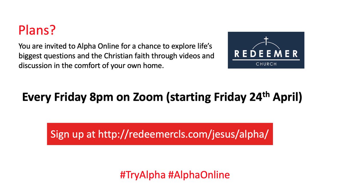 We are hosting The Alpha Course, a series of sessions exploring the Christian faith through an open &amp; informal conversation about life, spirituality, &amp; the person of Jesus without judgement or pressure. Sign up at redeemercls.com/jesus/alpha/