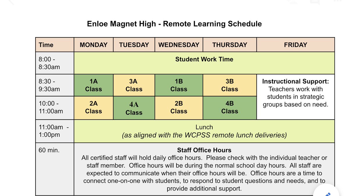 EnloeMagnetHS's tweet photo. Remote learning starts tomorrow! See the schedule below!  Click here to review the PTSA newsletter/Principal message for more information:https://t.co/sdHCd4WBIR

We will see you (virtually) tomorrow! https://t.co/WIBUfmBzmO