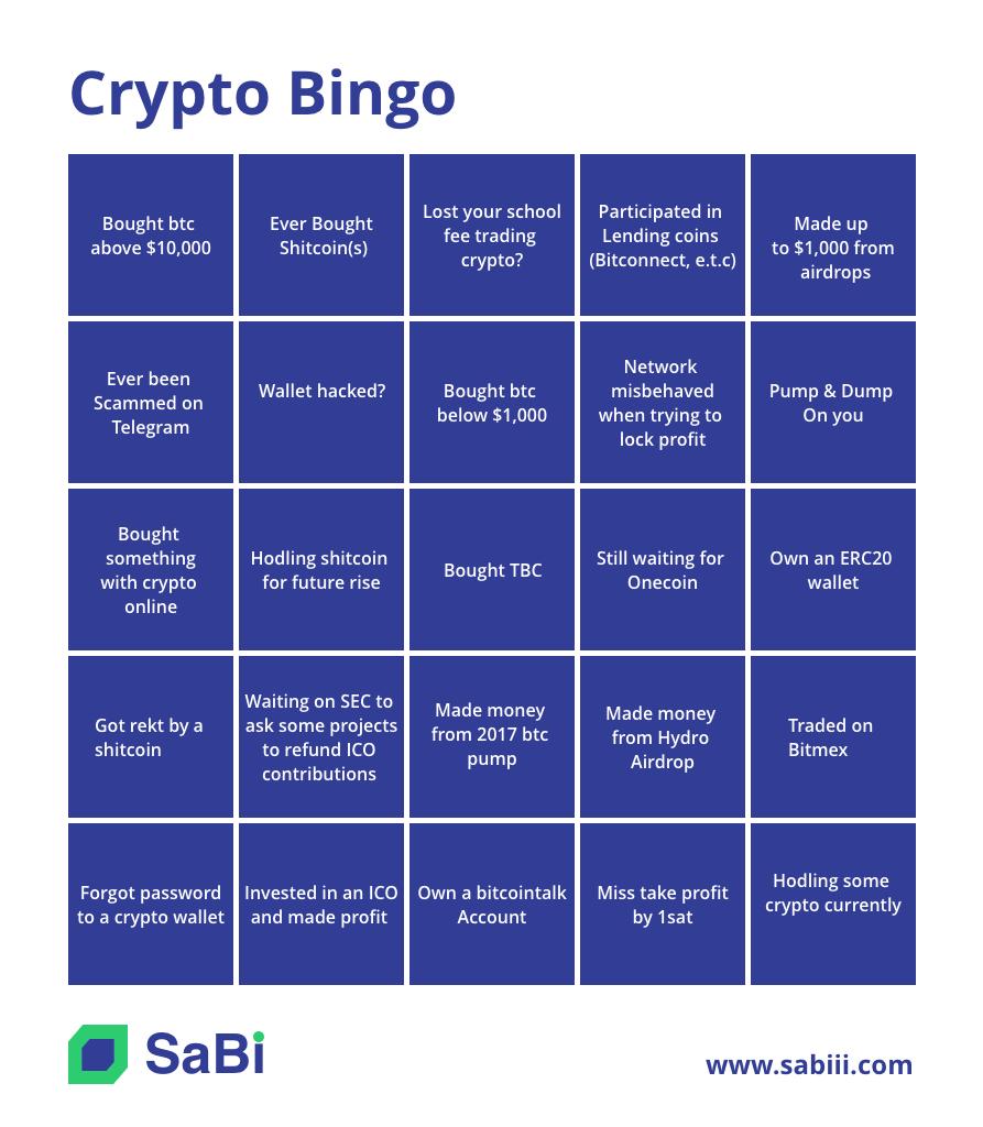 SabiGroups's tweet photo. Hello #SaBians, share your #crypto experience with us as you participate in our #crypto #bingochallenge 😁😋😅😆🤩Let's be part of your experience 😜 Tag your friends along https://t.co/5fISFjGCKg
