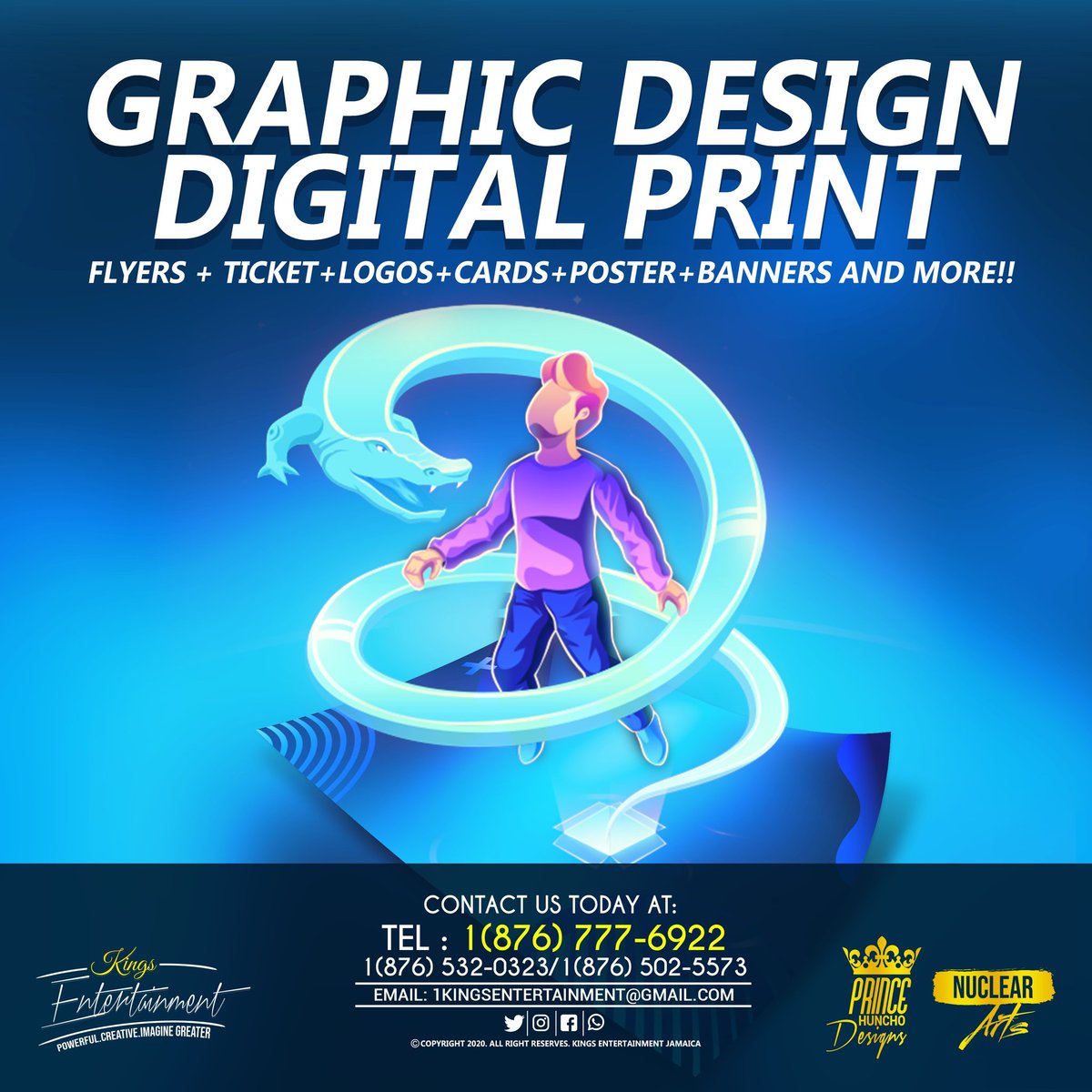 For all your Graphic Designs and Digital Prints Solutions:  Posters, Business Cards, Logo, Brochures, Magazine Covers, Cover Arts, Tickets, Banners, Signs, Social Media Ads, Web-Design and More!!
DISCOVER MORE TODAY!👇🏼
Contact us at : (876) 777-6922
#GraphicDesign
#digitalprints