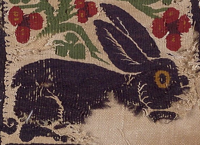 A happy purple hare in foliage, from a 4th-/5th-century AD Coptic textile :)  https://www.brooklynmuseum.org/opencollection/objects/54441