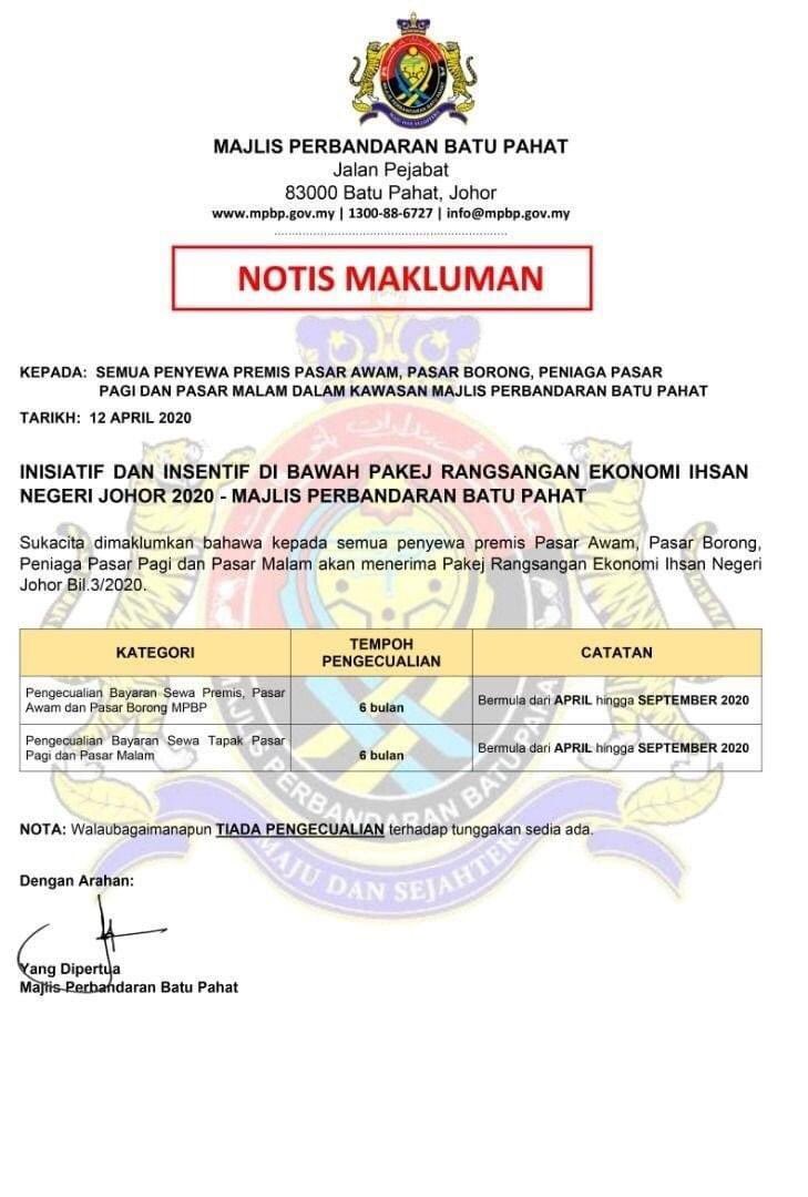 pas_johor's tweet photo. Notis makluman dari Majlis Perbandaran Batu Pahat utk semua penyewa premis awam, pasar boroang, Peniaga Pasar pagi dan Pasar Malam dlm kwsn MPBP. 

#BatuPahat
#MPBP https://t.co/ximQnEq5HQ