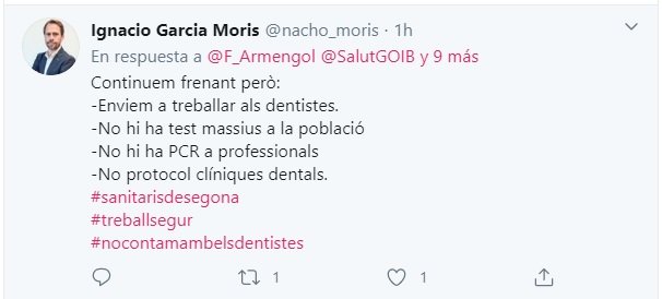dentistasib's tweet photo. La presidenta del Govern Balear diu que "Gràcies als sanitaris i el compromís col·lectiu, més de la meitat del total de persones afectades ja han superat el COVID. 757 recuperacions" i que "seguim frenant la corba". El president dels #DentistesdeBalears respon: https://t.co/3uZcpupkFi