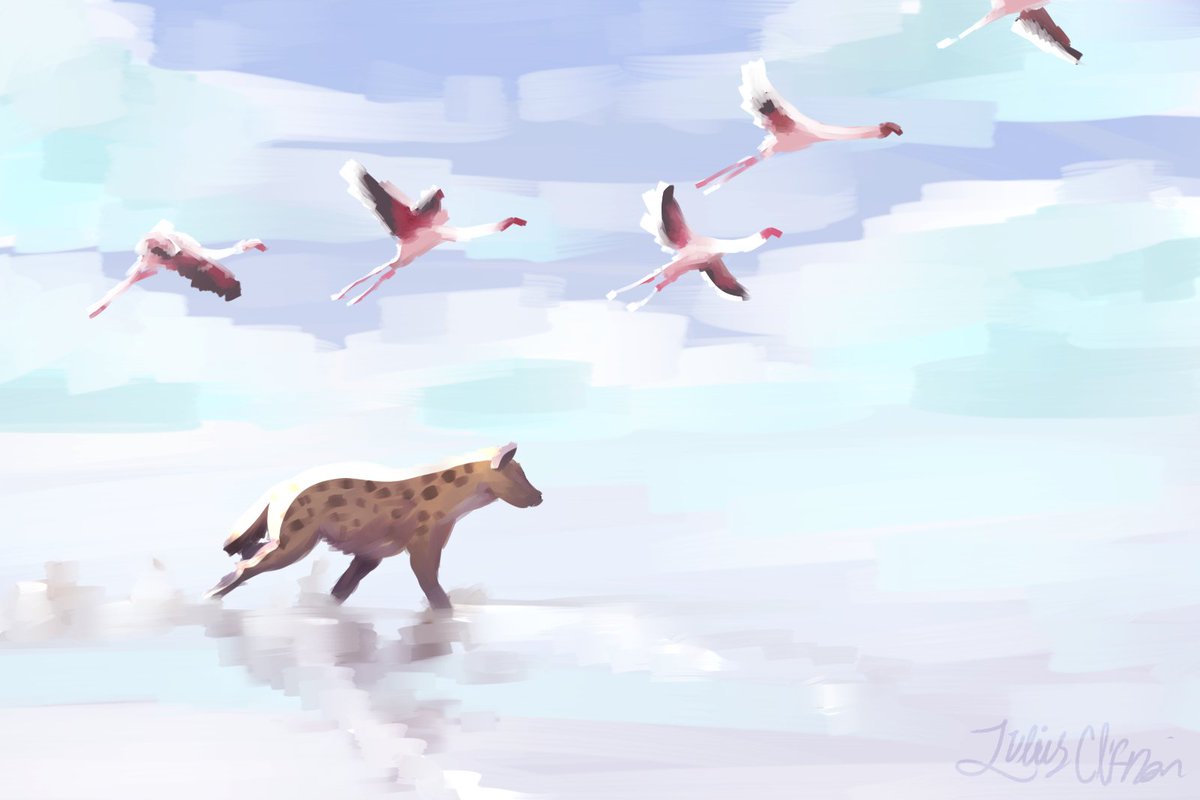 you know the pictures of hyenas and flamingos i did a painting of that :)