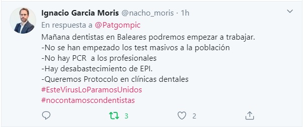 dentistasib's tweet photo. La Consellera de Salut diu que "Continuam fent feina per protegir, especialment, a la població de més risc i als professionals dels centres sanitaris".  El president del #Col·legideDentistesdeBalears respon: https://t.co/wBQs0fKEJS