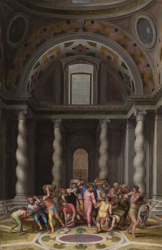 This painting is by Marcello Venusti. Although the drama is centred on Jesus and the crowd of figures, the majority of the composition is devoted to the architecture:  https://bit.ly/2V57Ef8 
