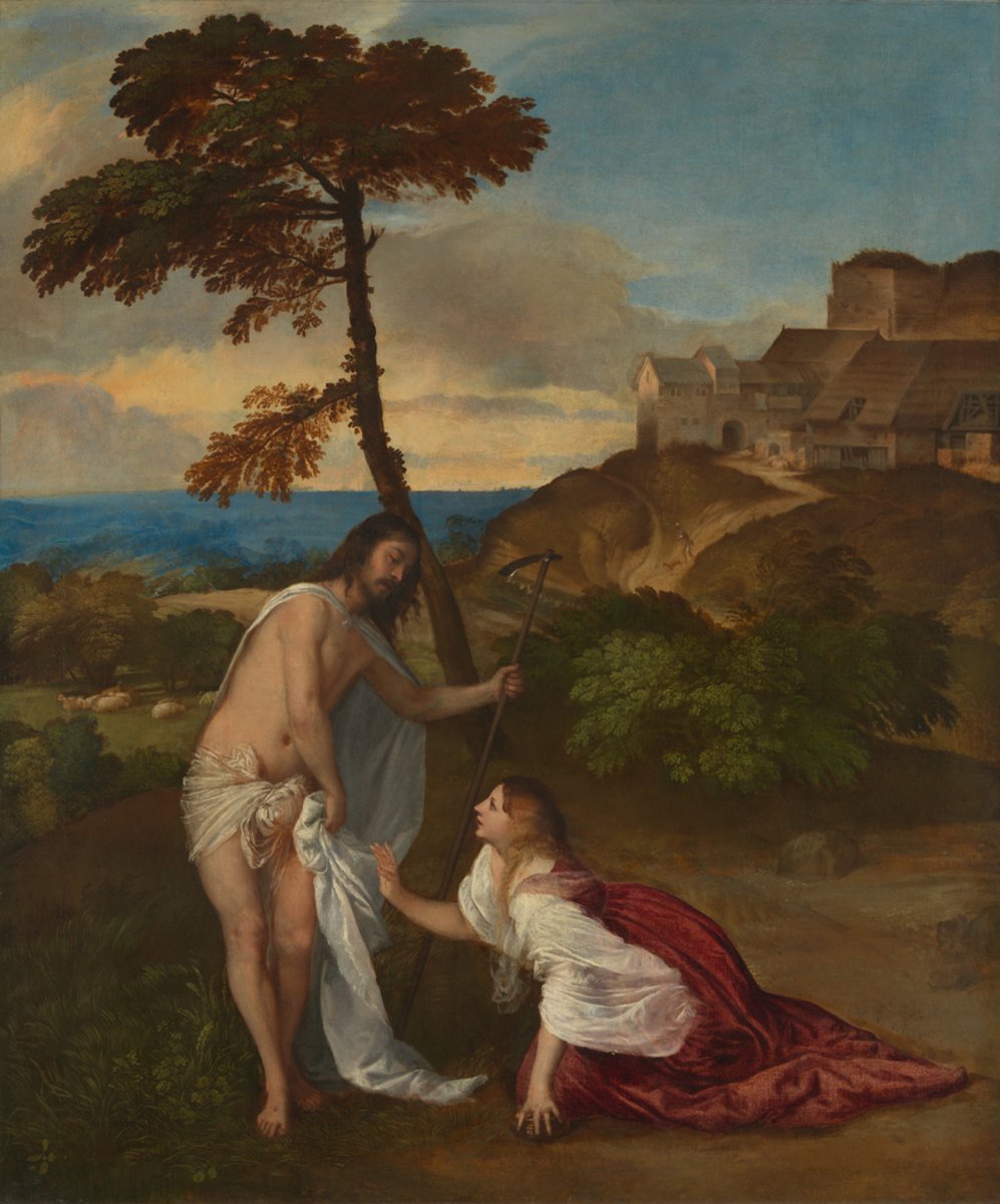 This is one of the earliest works by Titian in our collection. Its high-key colours and the way the figures are set in a natural landscape echo the style of Giorgione, with whom Titian trained. The lines of the tree and the hillside draw attention to the look between the figures.