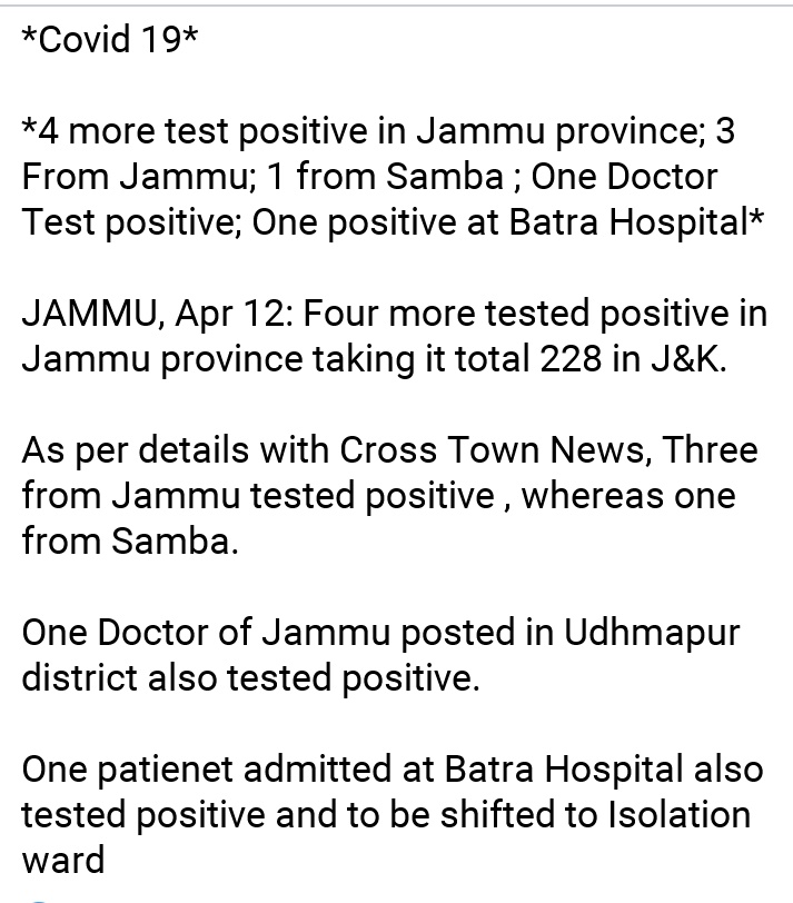 KhanMuzee's tweet photo. #covid19
Today 4 more new Positive Cases in Jammu...3 from Jammu and 1 from Samba
    @KhanMuzee https://t.co/RK0p4se6Gk