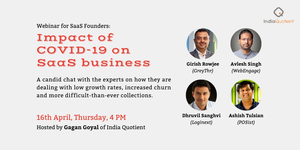 IndiaQuotient (@indiaquotient) on Twitter photo We are inviting <a href="/avlesh/">Avlesh Singh</a>, <a href="/rowjee/">Girish Rowjee</a>, <a href="/dhruvilsanghvi/">Dhruvil Sanghvi</a>, and <a href="/atulsian/">Ashish Tulsian</a> for an informal chat about impact on their businesses and their counter measures. Join us on Thursday at 4 PM!
Open only for #SaaS founders : forms.gle/GgmG84G8a1Fidh… We are inviting <a href="/avlesh/">Avlesh Singh</a>, <a href="/rowjee/">Girish Rowjee</a>, <a href="/dhruvilsanghvi/">Dhruvil Sanghvi</a>, and <a href="/atulsian/">Ashish Tulsian</a> for an informal chat about impact on their businesses and their counter measures. Join us on Thursday at 4 PM!
Open only for #SaaS founders : forms.gle/GgmG84G8a1Fidh…