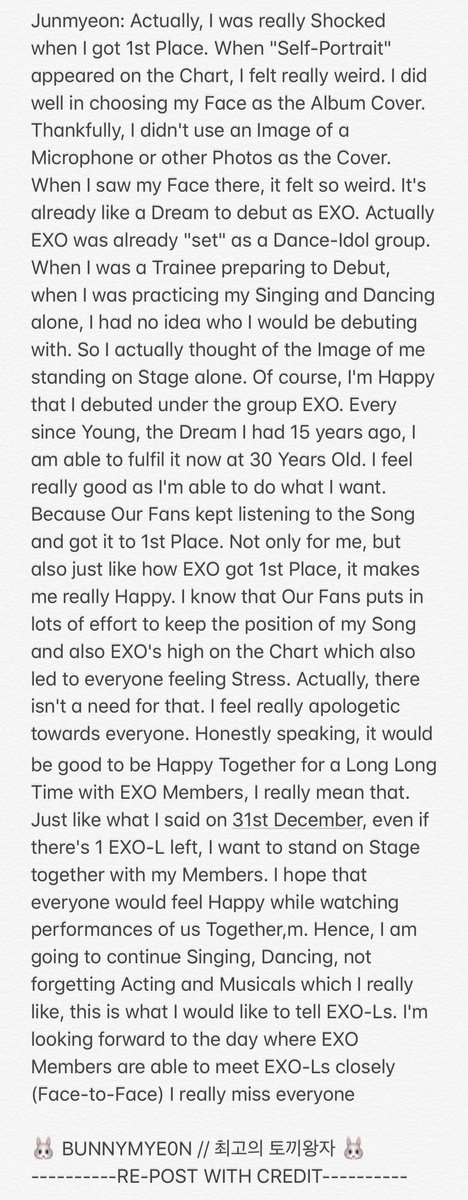 BUNNYMYE0N's tweet photo. 120420 Junmyeon's Ending Ment 

"Every since Young, the Dream I had 15 years ago, I am able to fulfil it now at 30 Years Old. I'm looking forward to the day where EXO Members are able to meet EXO-Ls closely (Face-to-Face) I really miss everyone" 

#EXO #수호 @weareoneEXO https://t.co/LGqE1rFjet