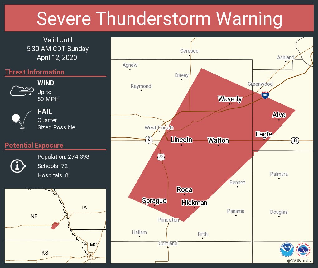 NWSOmaha's tweet photo. Severe Thunderstorm Warning including Lincoln NE, Waverly NE, Hickman NE until 5:30 AM CDT https://t.co/DQt9hDkFBl