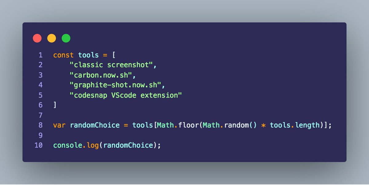 hewhodevs's tweet image. 4 tools for creating code screenshots:

1. Screenshots. Classic.
2. carbon.now.sh. Online.
3. graphite-shot.now.sh best of 1 &amp;amp; 2 + side by side snippets. Made by @Duiker101 
4. CodeSnap extension for VScode. Uses your theme too.

Cant choose? let Math.random() help.