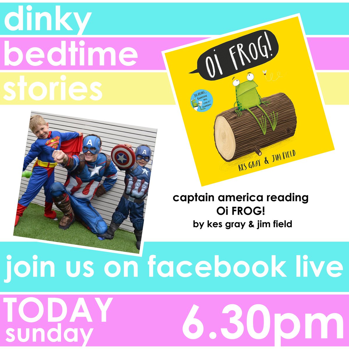 DinkyParties's tweet photo. We’re doing free Bedtime Stories on Facebook live with our Superheroes and Princesses. Join us tonight at 6.30pm to hear Captain America reading Oi FROG! Check out the stories from Queen Elsa and Superman https://t.co/07CxmKSG6D #StayHomeSaveLives #BedTimeStory #superhero https://t.co/gbVWoKrsea